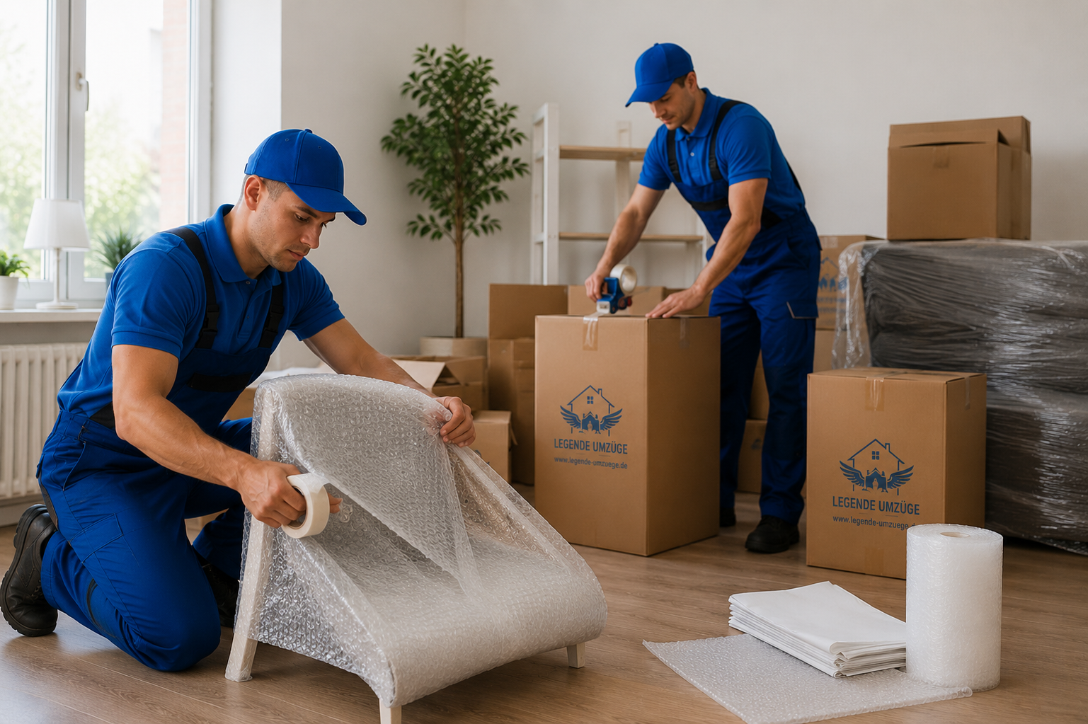Umzugshelfer Berlin packen Möbel für den Umzug ein.